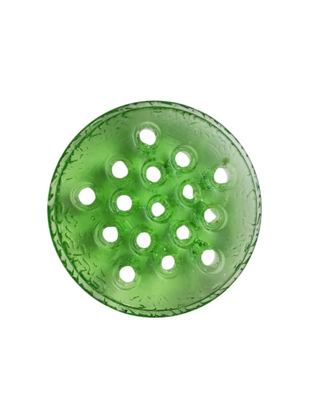 Antique Green Uranium Depression Vaseline Glass Flower Frog 16-Hole Glows c. 190